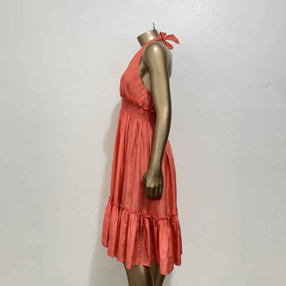 BCBG Maxazria Halter Dress Sz XS 100% Silk Coral Tiered Wedding Guest Party Midi - Picture 4 of 10
